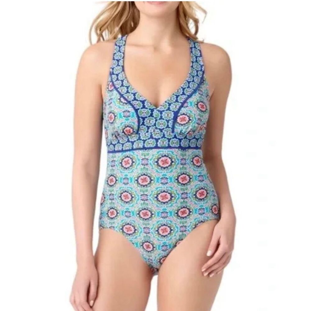 Catalina Swimsuit One Piece12-14 ( L)‎ Crossback V-Neck Mandala Floral Turquoise